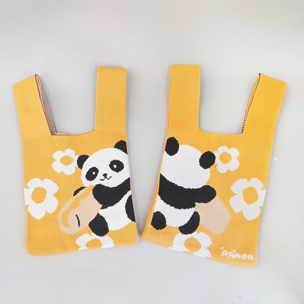 Lot Of 2 Panda Knitted Tote Hand Mini Bag Yellow Kawaii Travel Casual Whimsical